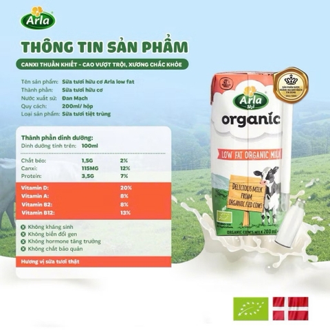 Sữa tươi hữu cơ Arla Organic hộp 200ml