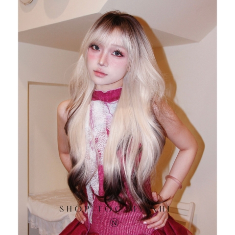 Tóc Giả Dệt Kim Xoăn Layer Mái Thưa Hàn Quốc Màu Tóc Vàng Bạch Kim Ombre x-dk-0105