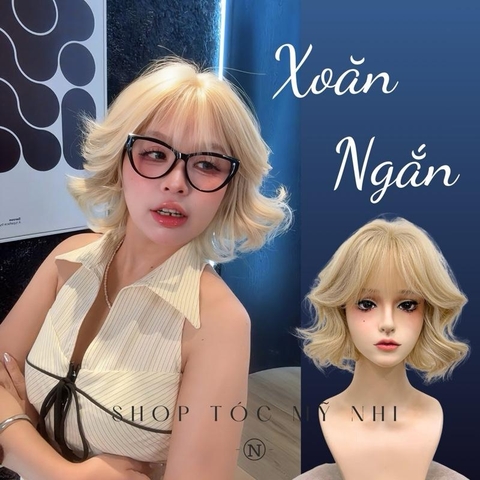Tóc Giả Mỹ Nhi Nguyên Đầu Tỉ Lệ Dệt Kim Tóc Xoăn Ngắn Mái Thưa NY20 Màu Vàng Bạch Kim (syber hair)