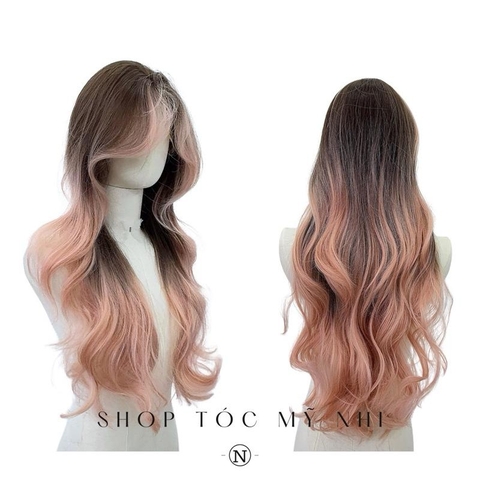 Tóc Giả Mỹ Nhi Bouncy Curl Xoăn Bung Layer Mái Bay Màu Nâu Nhuộm Balayage Hồng x-3d-0202 Da Đầu Dệt Kim Kết Hợp (phân khúc DÁN KEO)