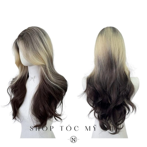 Tóc Giả Mỹ Nhi Xoăn Layer Mái Bay Màu Tóc Vàng Mơ Nhuộm Ombre x-dk1-0117 Da Đầu Dệt Kim