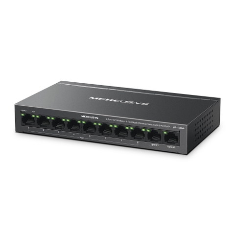 Switch PoE MERCUSYS MS110CP Chính hãng FV (8 port PoE 100Mbps + 2 port Uplinks 1Gbps, công suất 65W)