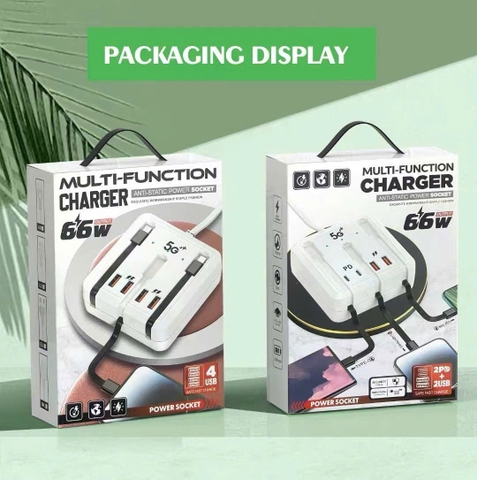 Bộ Trạm Sạc Đa Năng 66W – Ổ Cắm Thông Minh Liền 3 Dây Sạc & 4 Cổng USB Tiện Lợi