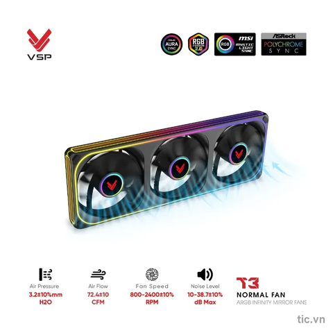 Bộ quạt tản nhiệt VSP T3 Normal Fan ARGB Infinity Mirror Đen (3 quạt liền khối) Chính Hãng