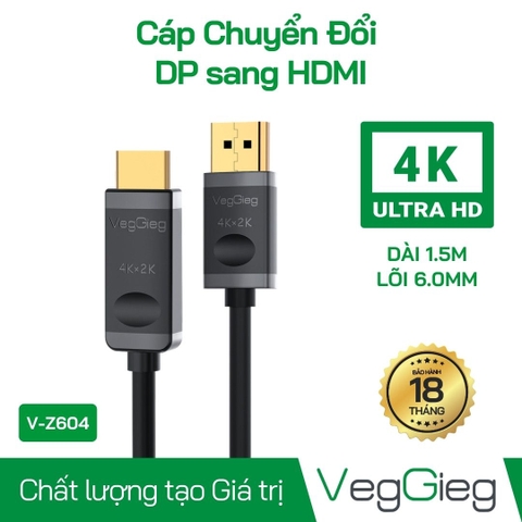 Cáp chuyển đổi DisplayPort sang HDMI 4K VegGeg V-Z604 (1.5m) - Chống nhiễu cao cấp