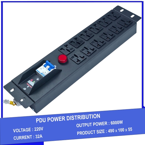 Thanh nguồn PDU 12 cổng 3 chấu có MCB 32A lắp tủ rack 19 inch