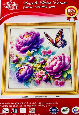 Tranh thêu kín Hoa mẫu đơn hồ điệp VS8900, kích thước 50x50 cm