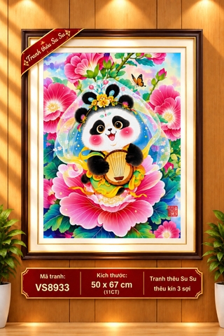 Tranh thêu kín Gấu trúc 12 tháng, kích thước mỗi bức 50 x 67 cm, tranh này vải nâu