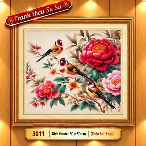 Tranh thêu kín Đôi chim và hoa 3011, kích thước 50*50 cm