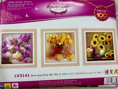 Tranh thêu chữ thập Bộ bình hoa LV3134, kích thước 122 x 42 cm