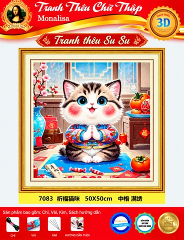 Tranh thêu kín chữ thập Mèo chiêu tài 7083, kích thước 50 x 50 cm