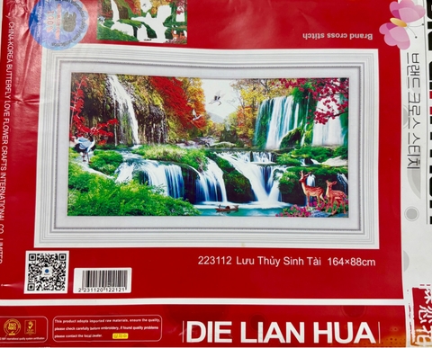 Tranh thêu Lưu thuỷ sinh tài (thêu 3D) 223112, kích thước 164 x 88 cm