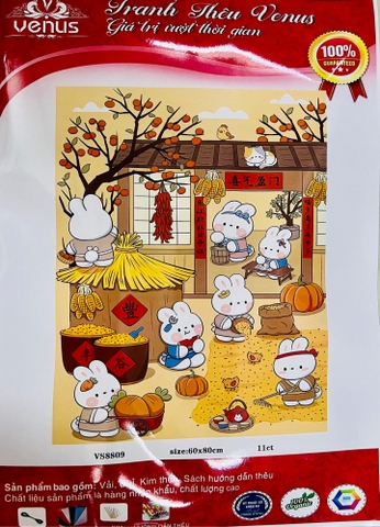 Tranh thêu kín thỏ phơi thóc VS8809, kích thước 60x80 cm