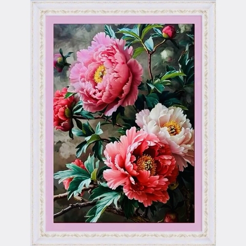 Tranh thêu kín Hoa mẫu đơn MN0438, kích thước 50 x 68 cm