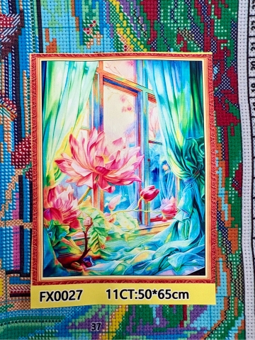 Tranh thêu kín Hoa sen FX0027, kích thước 50 x 65 cm