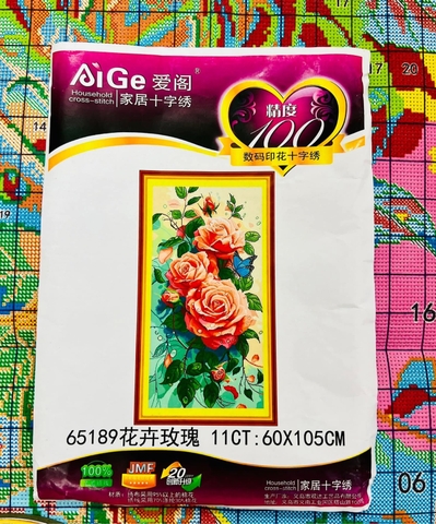 Tranh thêu kín Hoa hồng đỏ 65189, kích thước 65 x 108 cm