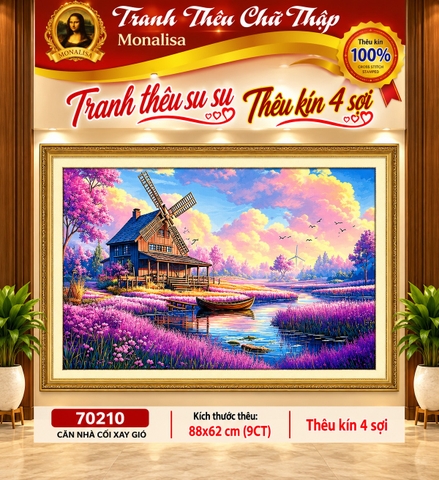 [4 sợi] Tranh thêu kín Căn nhà cối xay gió 70210, kích thước 88 x 62 cm