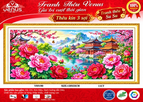 Tranh thêu kín Mẫu đơn phú quý VS9190, kích thước 120 x 55 cm