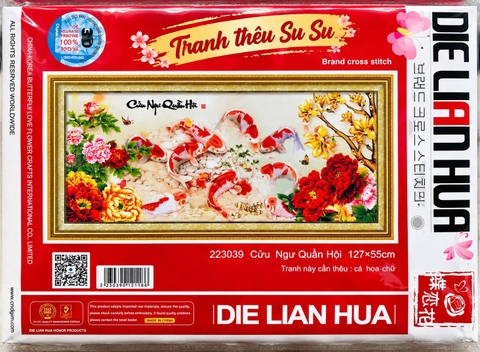 Tranh thêu 3D Cửu ngư quần hội 223039, kích thước 127 x 55 cm