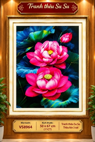 Tranh thêu kín Hoa sen đỏ VS8964, kích thước 50 x 67 cm