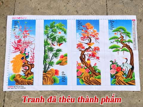 Tranh thành phẩm (đã thêu) Tứ quý, kích thước 134 x 78 cm