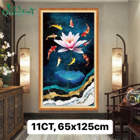 Tranh thêu kín Cửu ngư hoa sen EDB119, kt 125 x 65 cm