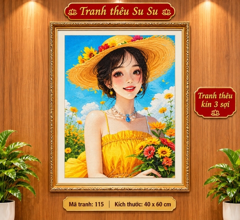 Tranh thêu kín cô gái mộng mơ 115, kích thước 40x60 cm