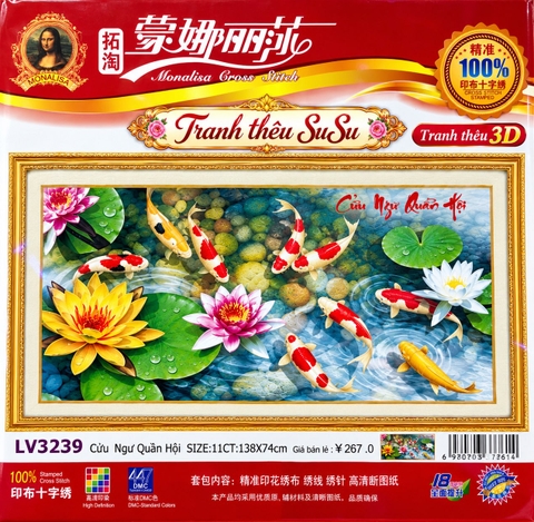Tranh thêu cửu ngư quần hội LV3239, kích thước 138 x 74 cm