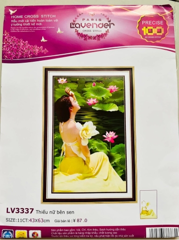 Tranh thêu cô gái bên sen LV3337, kích thước 43 x 63 cm