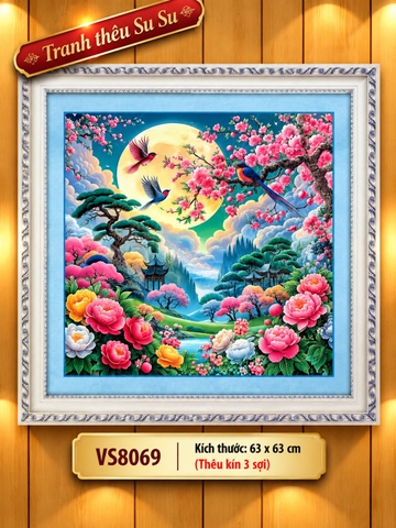 Tranh thêu kín Phong cảnh mùa xuân VS8069, kích thước 63 x 63 cm