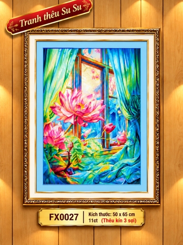 Tranh thêu kín Hoa sen FX0027, kích thước 50 x 65 cm