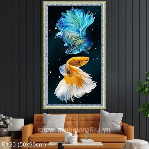 Tranh thêu kín Song ngư E120, kích thước 50 x 90 cm