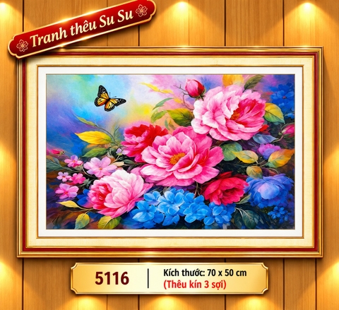 Tranh thêu kín Hoa mẫu đơn rực rỡ 5116, kích thước 50x70 cm