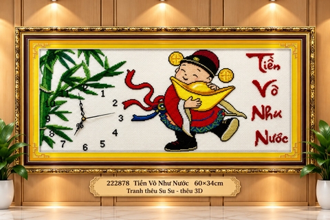 Tranh thêu chữ thập đồng hồ thần tài tiền vô như nước tiền 222878