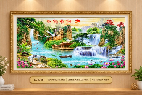 Tranh thêu chữ thập Lưu thủy sinh tài LV3308, kích thước (Thêu 3D), kích thước 160 x 72 cm