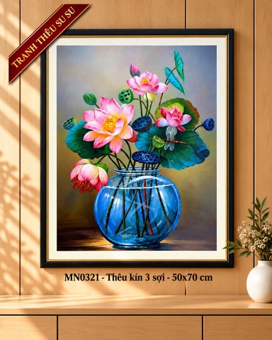 Tranh thêu kín Bình hoa sen MN0321, kích thước 50 x 70 cm