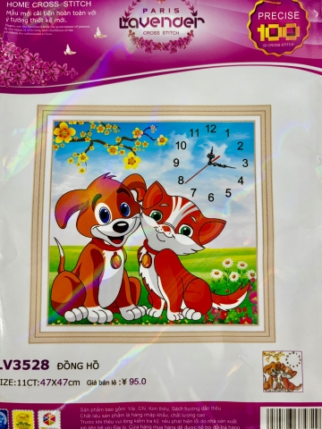 Tranh thêu đồng hồ Chó mèo LV3528, kích thước 47x 47 cm