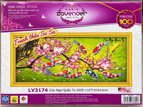 Tranh thêu 3D Cửu ngư cành đào LV3174, kích thước 83 x 44 cm