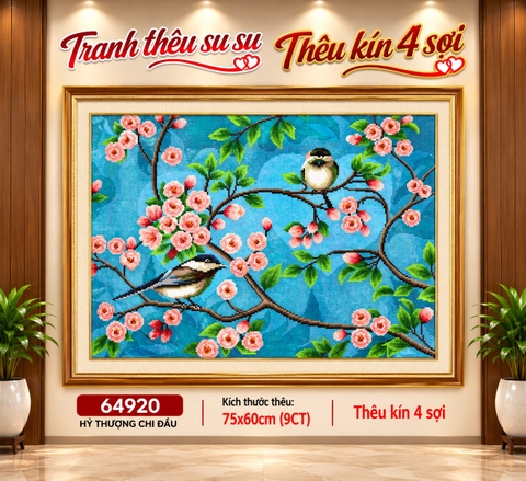 [Thêu 4 sợi] Tranh thêu kín Đôi chim 64920, kích thước 75x60 cm