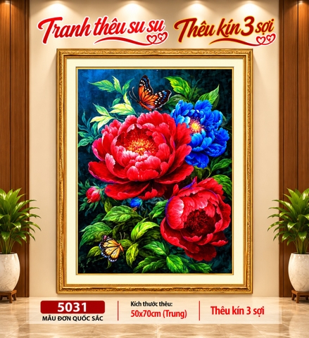 Tranh thêu kín chữ thập Hoa mẫu đơn đỏ 5031, kích thước 50 x 70 cm