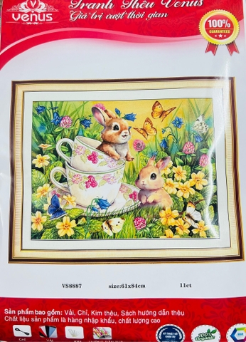 Tranh thêu kín Thỏ tinh nghịch dễ thương VS8887, kích thước 60 x 80 cm