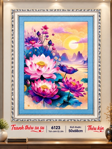 Tranh thêu kín Hoa sen 6123, kích thước 50 x 68 cm
