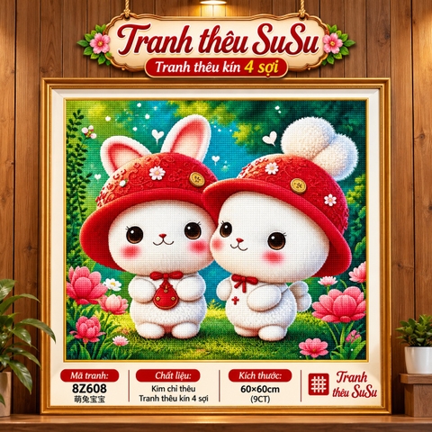 [4 sợi] Tranh thêu kín Nấm lùn 8z608, kích thước 60x 60 cm