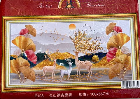 Tranh thêu kín Hươu tài lộc E128, kích thước 100 x55 cm