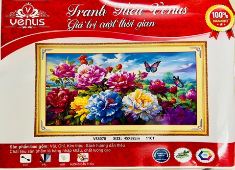 Tranh thêu kín Hoa mẫu đơn VS8078, kích thước 45 x 82 cm
