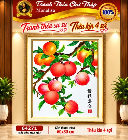 Tranh thêu kín chữ thập Cành đào 64271, kích thước 65x90 cm (nền trắng không thêu)