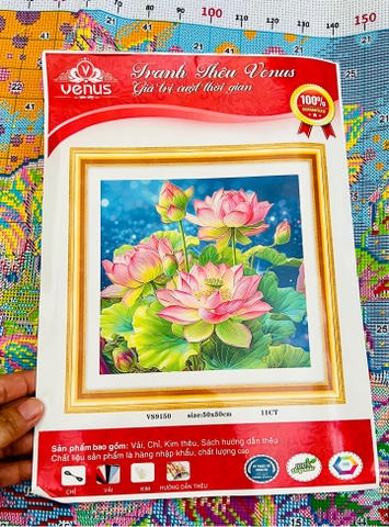 TRANH THÊU KÍN HOA SEN VS9150, KÍCH THƯỚC 50 x 50 cm