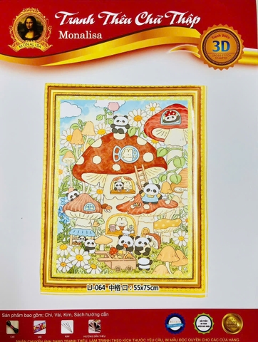 Tranh thêu kín Gấu trúc dễ thương LJ064, kích thước 55x75 cm, 11ct thêu kín 3 sợi