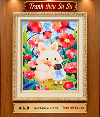 Tranh thêu kín Thỏ và em bé A610, kích thước 55x70 cm