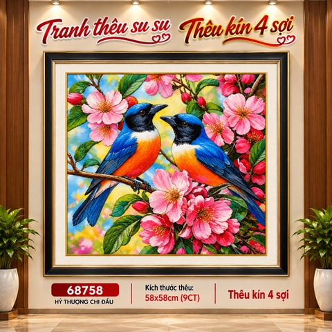 [Hỏa tốc HCM] Tranh thêu kín 4 sợi Đôi chim liền cành 68758, kích thước 58x58 cm